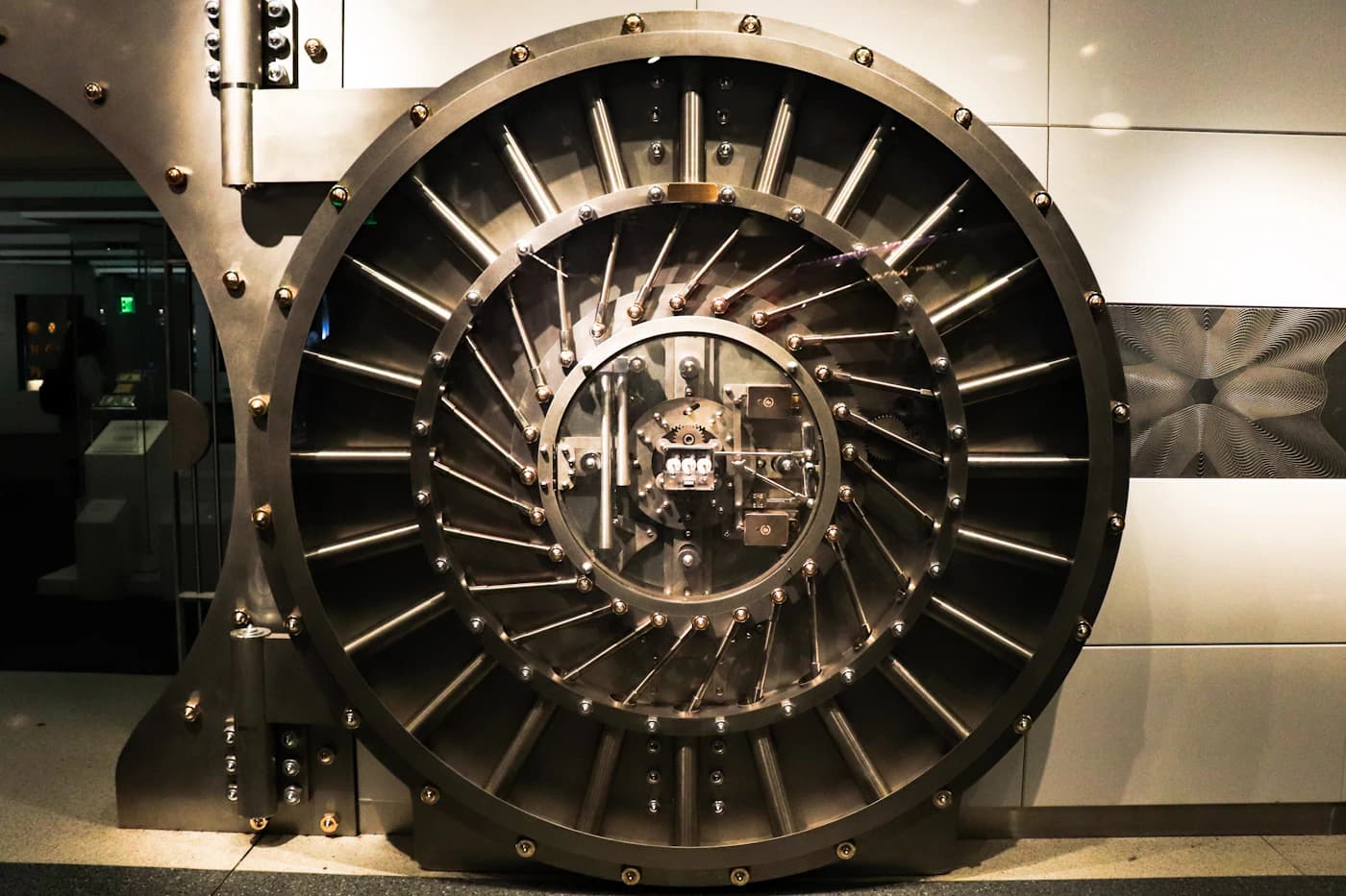 A steel bank vault door.