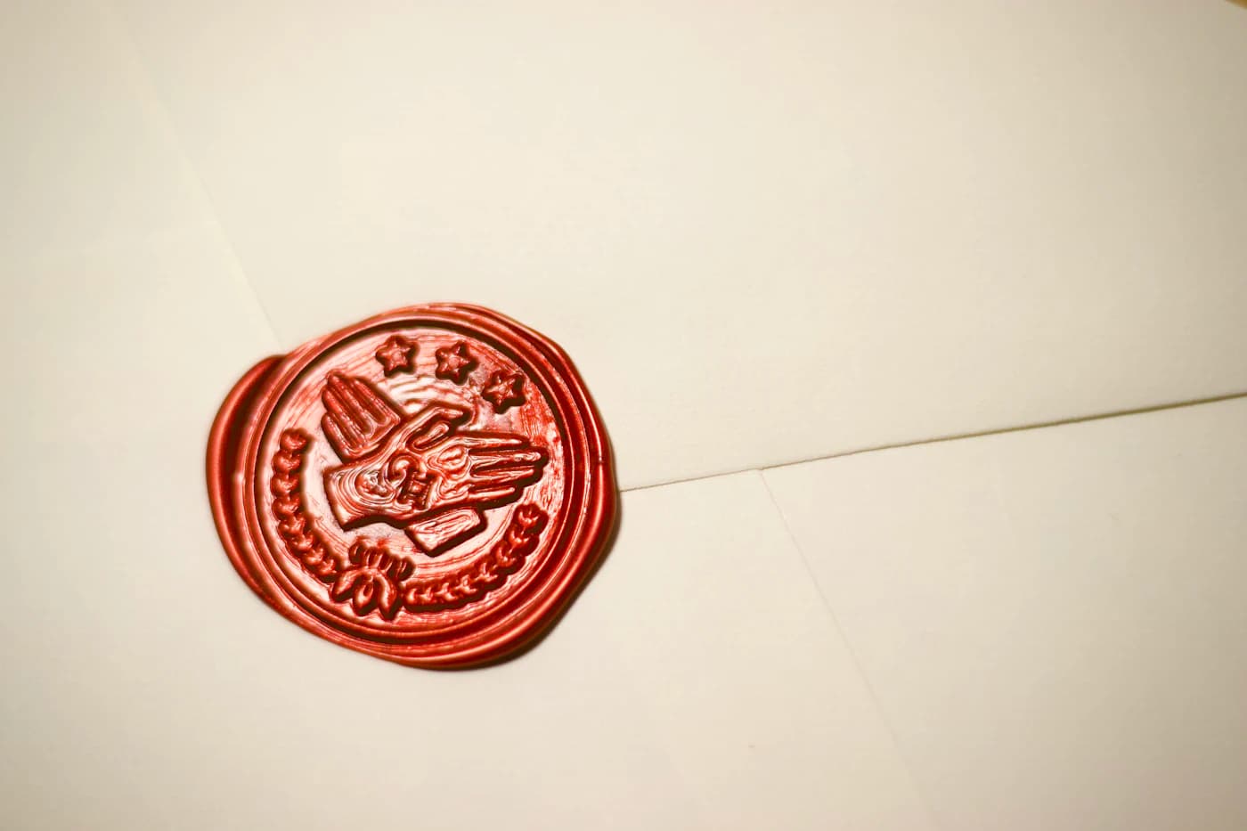 A red wax seal on a cream envelope.