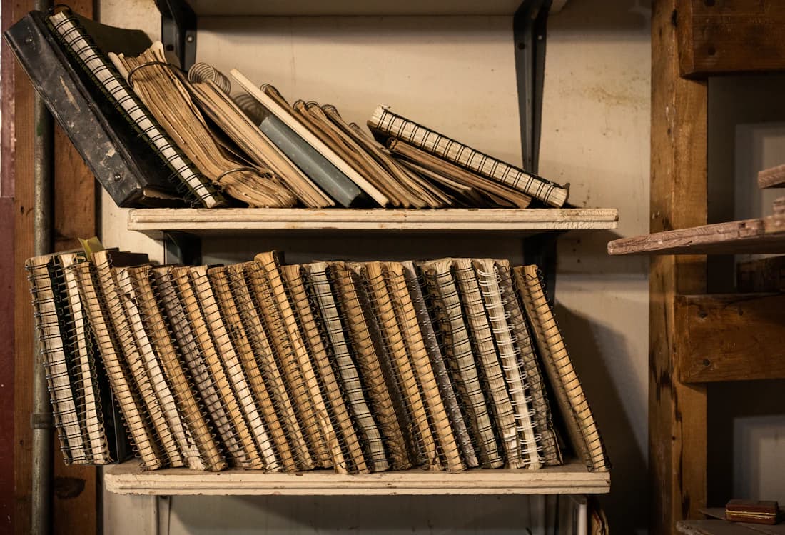Rows of bound ledgers, the records that scale with the business.