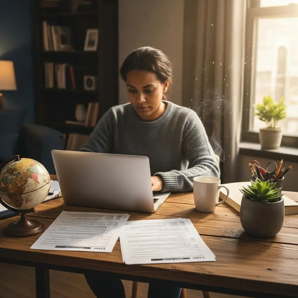 International entrepreneur reviewing tax documents in a home office, guidance from Prodezk