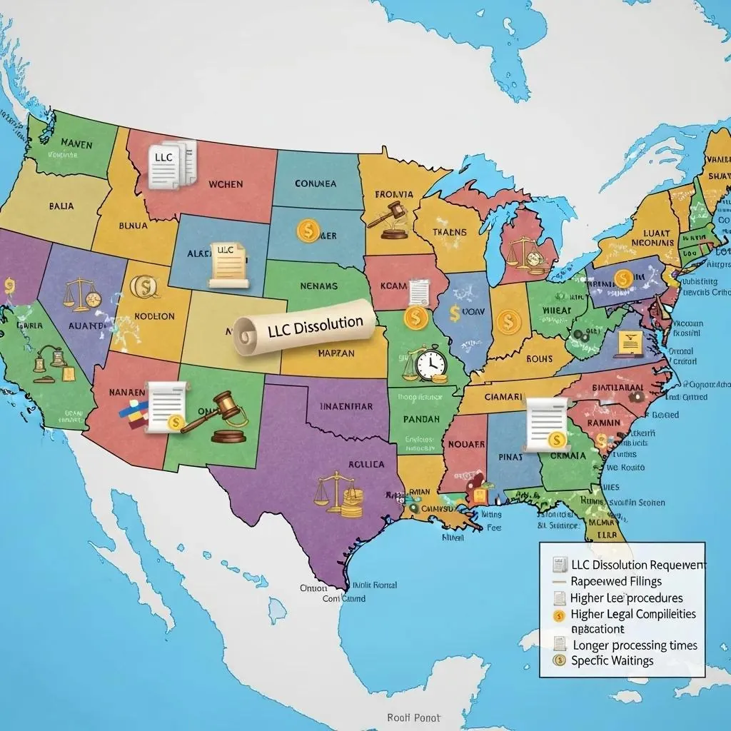 Map of the United States highlighting LLC dissolution requirements by state