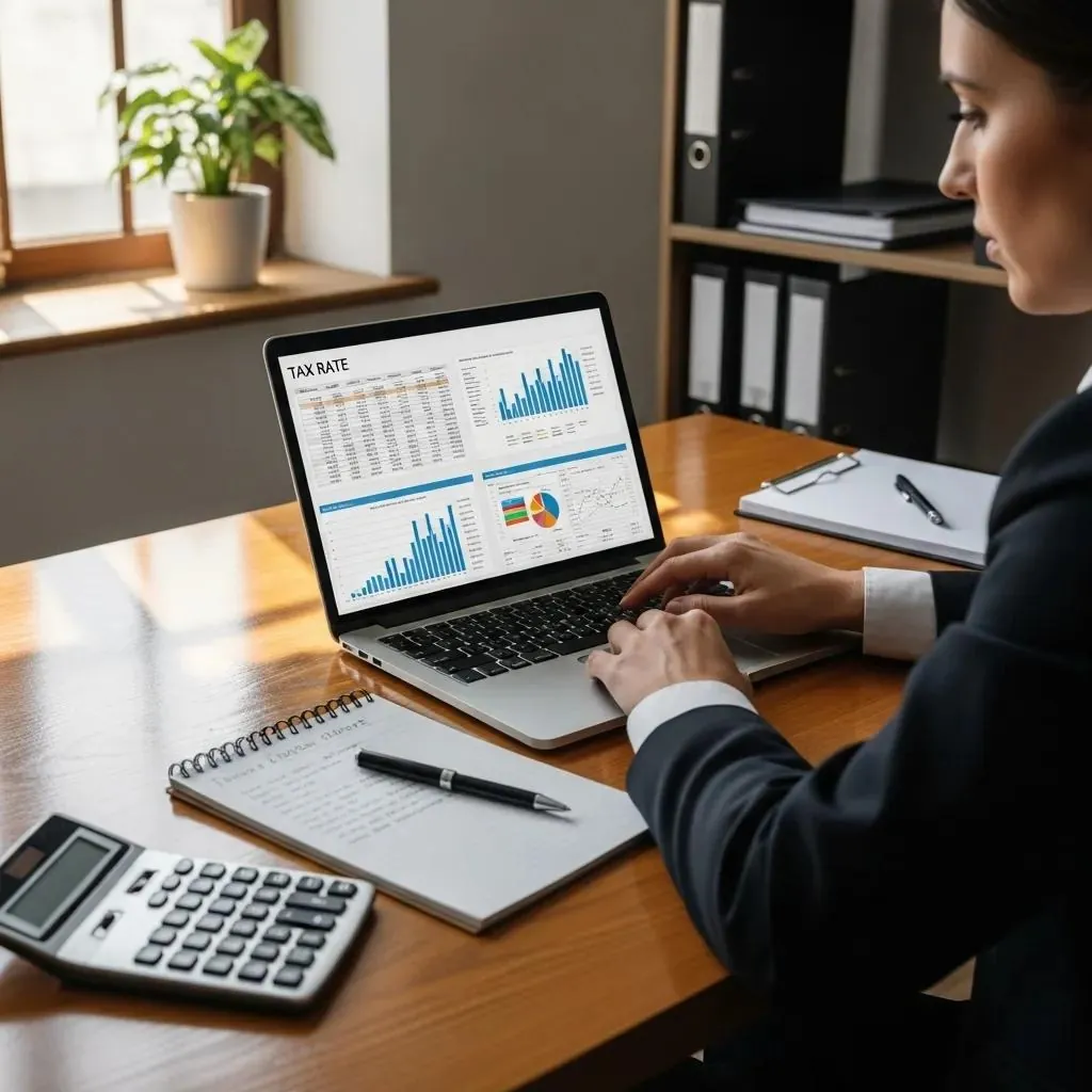 Business professional reviewing corporate tax rates and financials in an office
