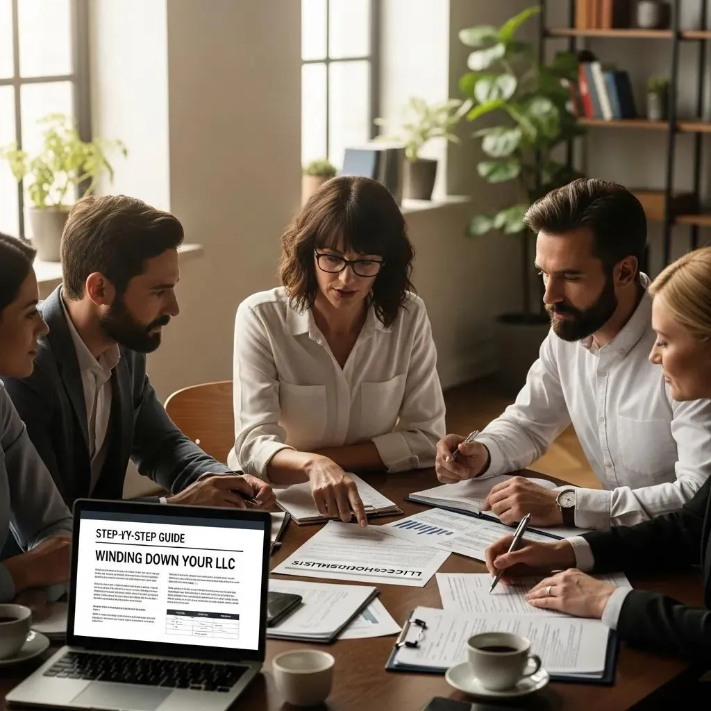 Business professionals collaborating on LLC dissolution documents in a modern office setting