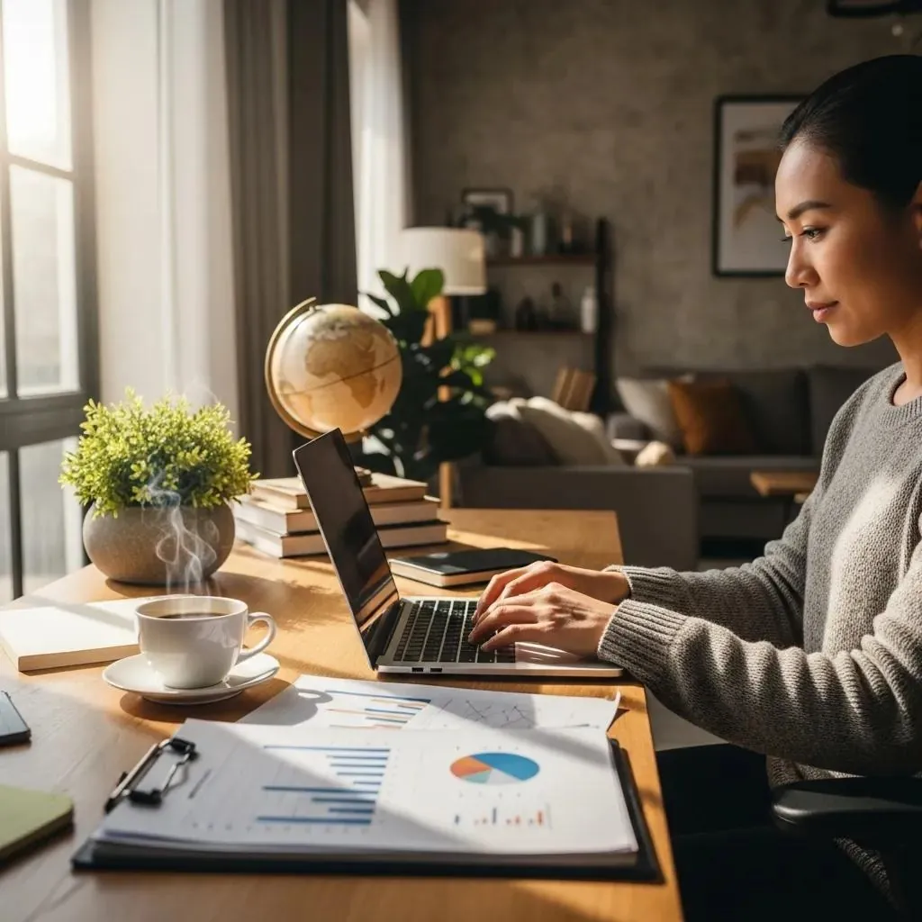 International entrepreneur at a home office organizing documents and preparing FBAR compliance