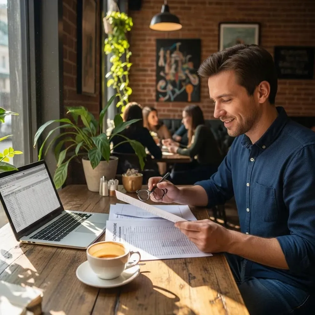 Foreign entrepreneur reviewing US tax compliance documents at a café table