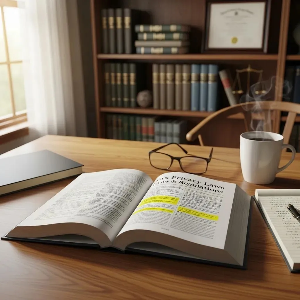 Open legal book on tax privacy laws in a cozy home office setting