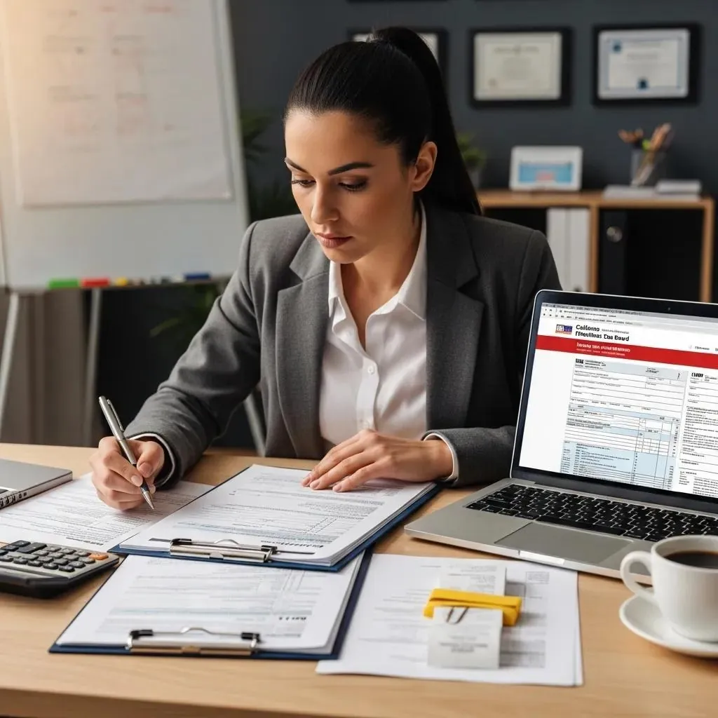 Business owner reviewing tax forms on a laptop with the FTB website displayed, compliance resources
