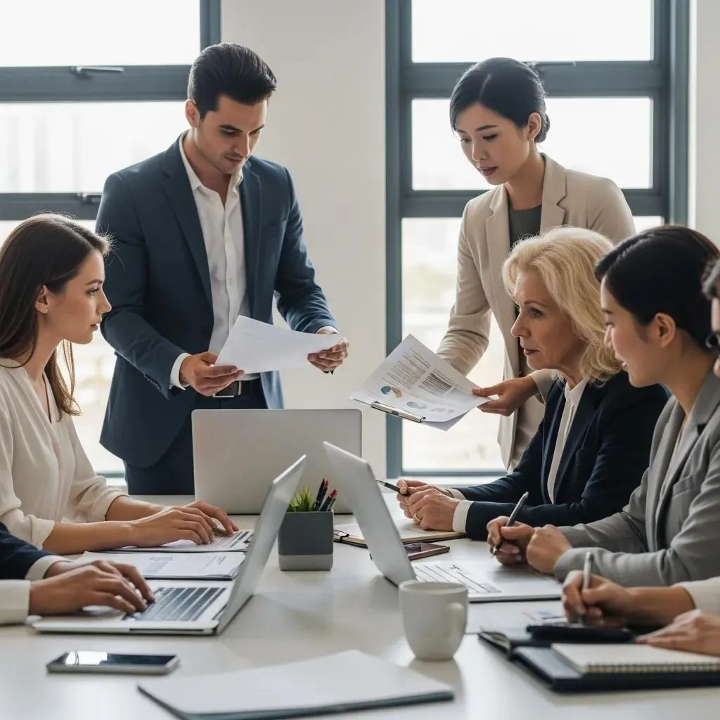 Diverse entrepreneurs collaborating on U.S. LLC compliance in a modern office
