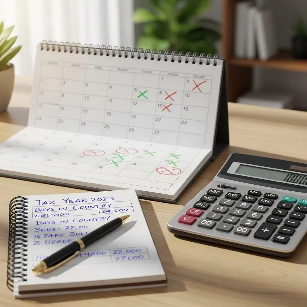 Calendar and calculator close-up illustrating day-counting for the Substantial Presence Test