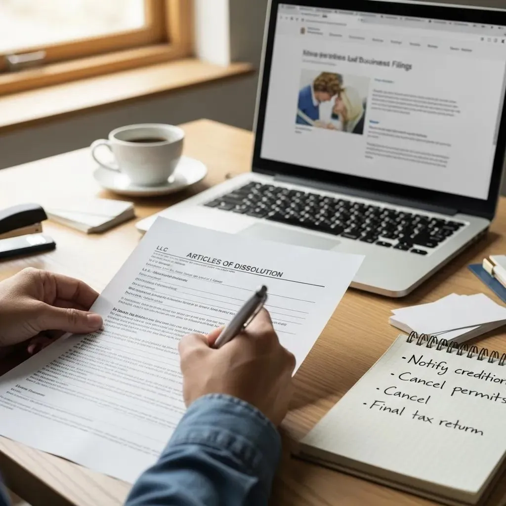 Hands completing state-specific LLC dissolution forms on a desk with a laptop and coffee