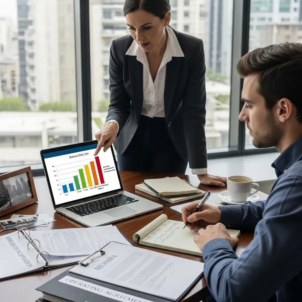 Consultant advising entrepreneur on entity selection with documents and laptop, focusing on tax implications