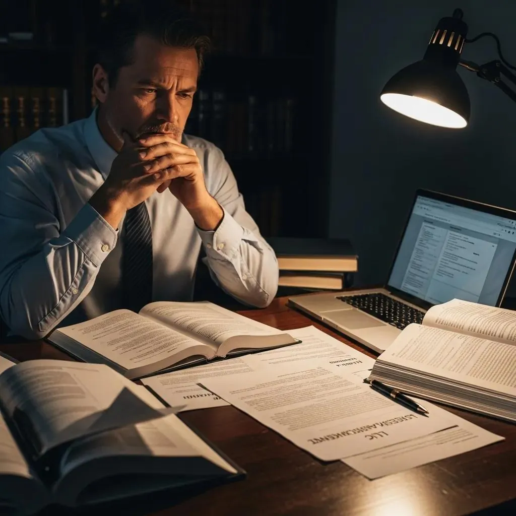 Business owner considering legal implications of a dissolved LLC with legal documents