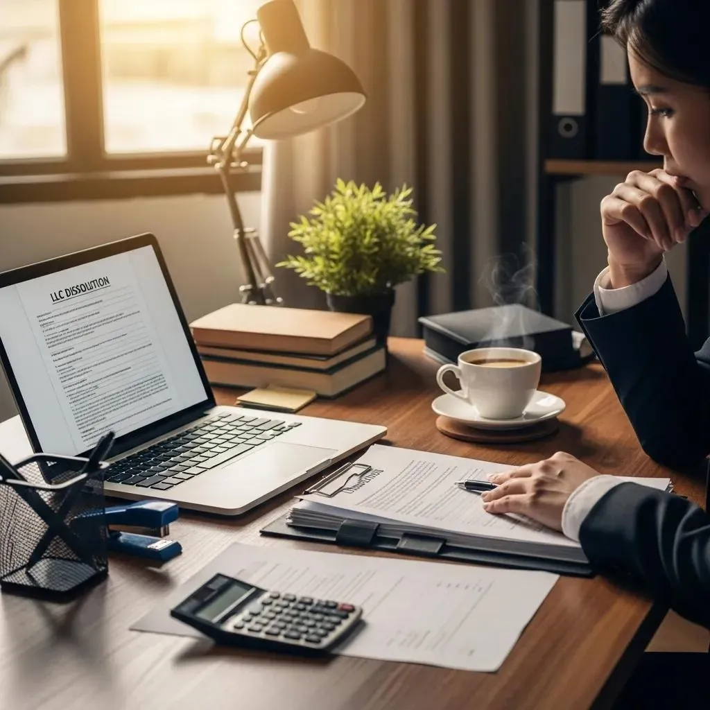 Business owner reviewing LLC dissolution documents at a desk