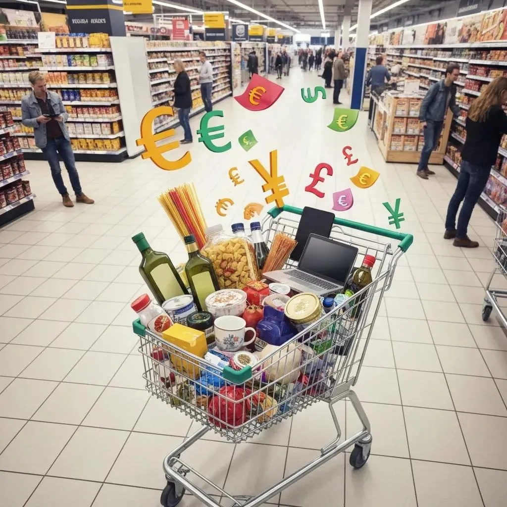 Shopping cart with global products and currency icons showing multi‑currency checkout