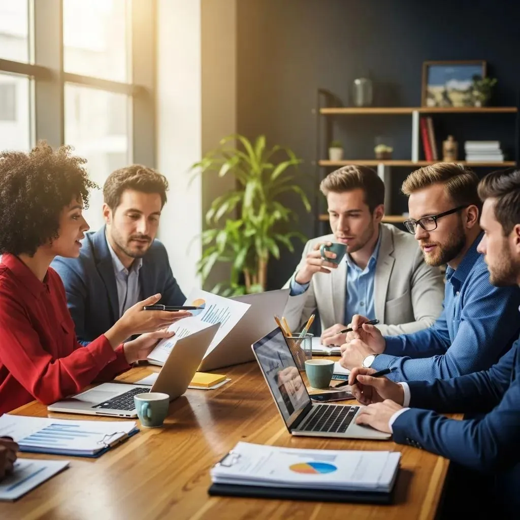 International entrepreneurs collaborating in a modern office, U.S. tax residency focus