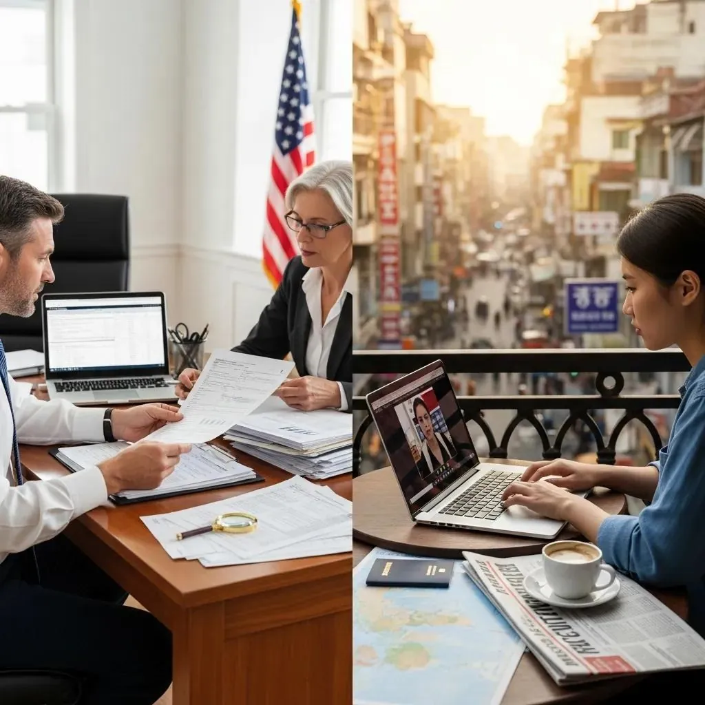 Split-screen comparison of U.S. tax resident vs. nonresident scenarios, highlighting different tax rules