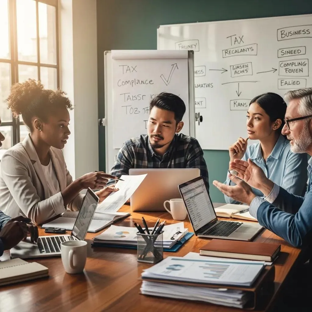 Entrepreneurs collaborating in a modern office, focused on tax compliance and business strategy