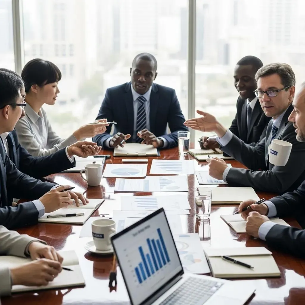 Entrepreneurs collaborating on international tax strategy in a modern meeting