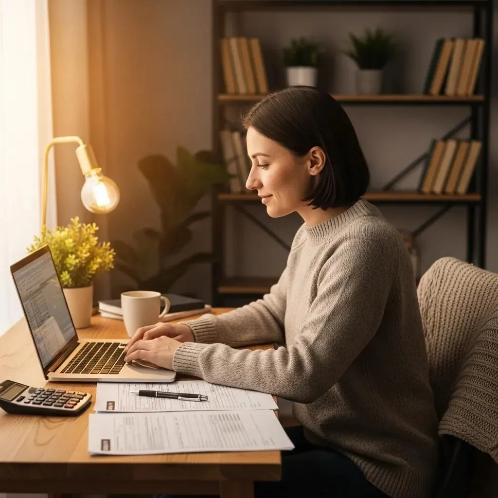 Person reviewing tax documents at a cozy desk with a laptop and coffee