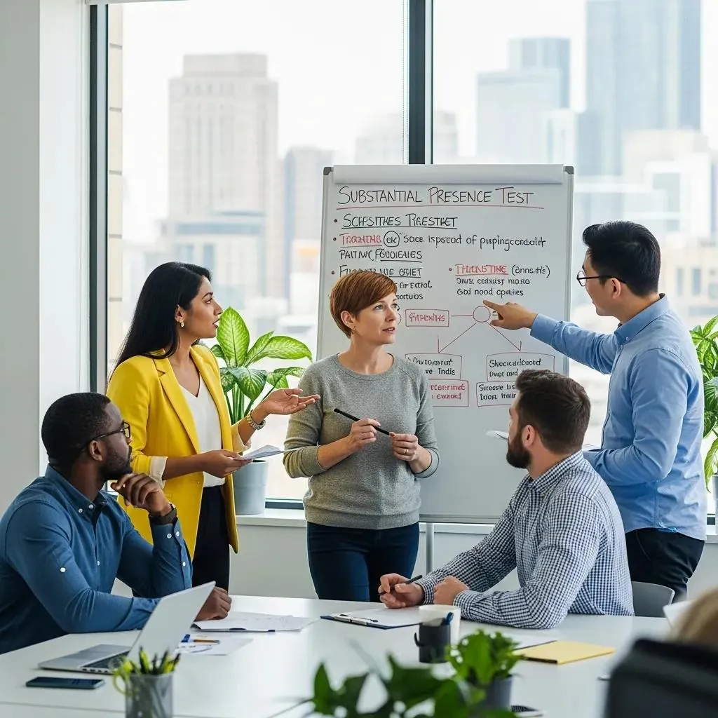 Group of entrepreneurs discussing tax residency in a modern office