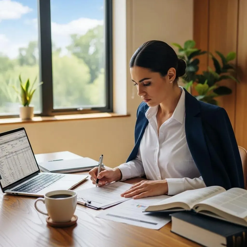 Business owner reviewing LLC reinstatement documents in a professional office setting