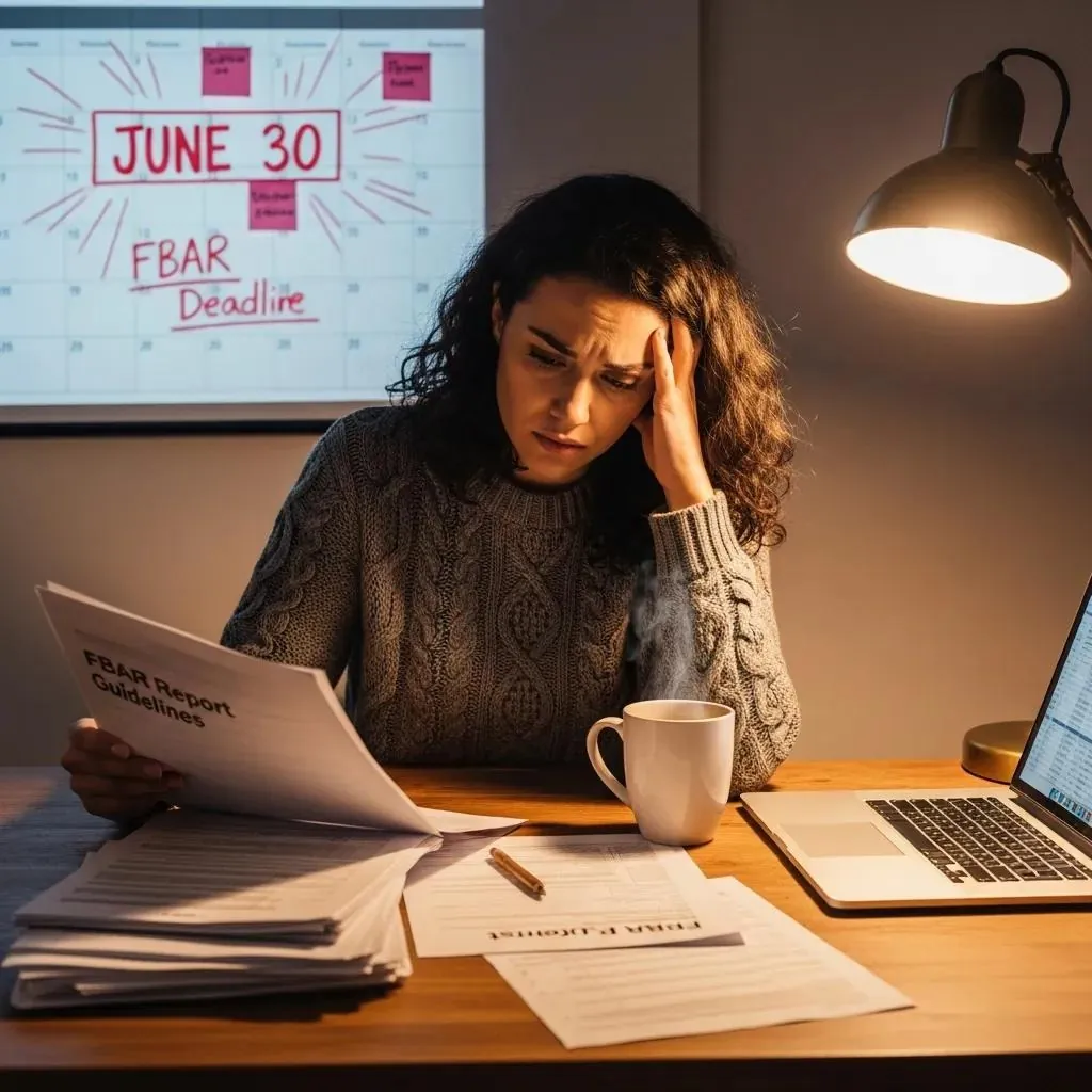Entrepreneur reviewing FBAR deadlines and potential penalties with paperwork on a desk