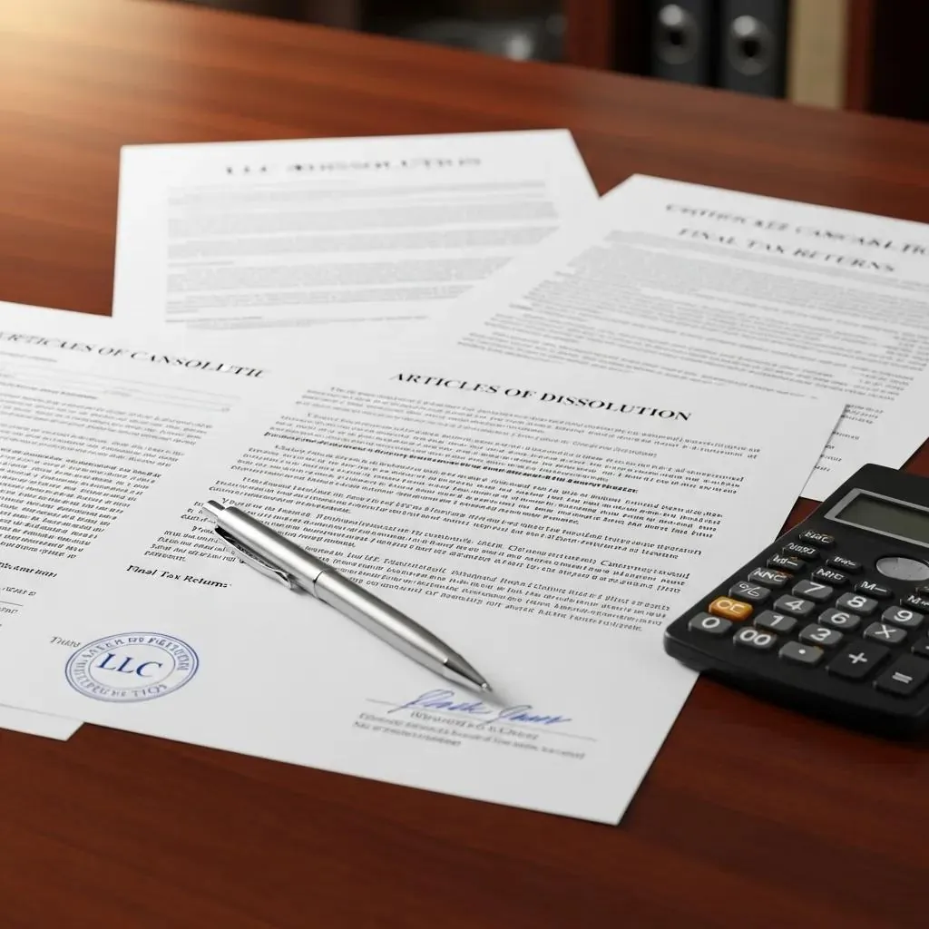 Essential legal documents for LLC dissolution on a desk